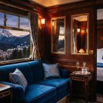 Interior del Grand Suite del Venice Simplon-Orient-Express con paneles de madera Art Déco, lámpara de Lalique y ventana con paisaje alpino