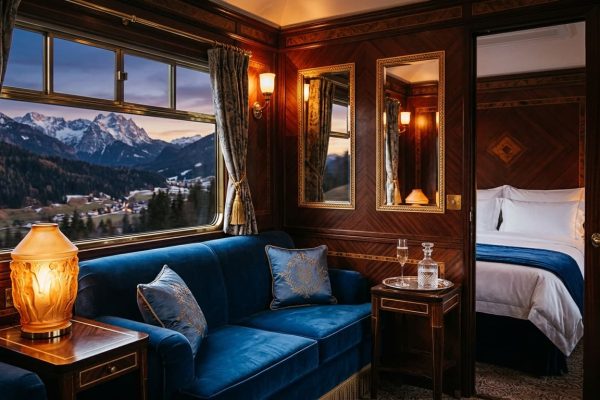 Interior del Grand Suite del Venice Simplon-Orient-Express con paneles de madera Art Déco, lámpara de Lalique y ventana con paisaje alpino