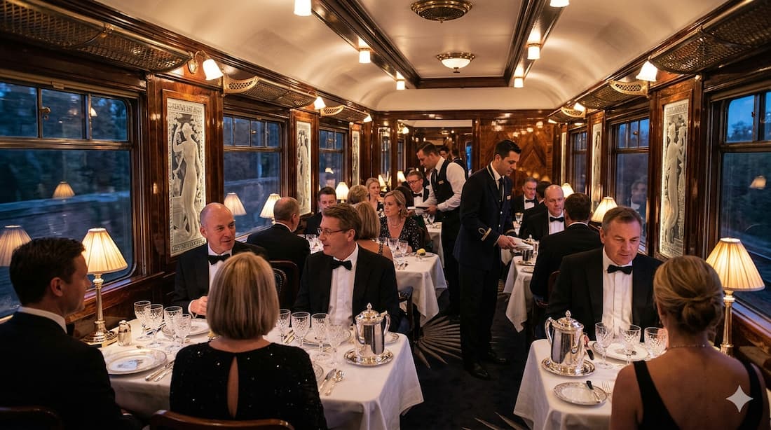 Interior del vagón restaurante del Venice Simplon-Orient-Express con decoración Art Déco y pasajeros cenando