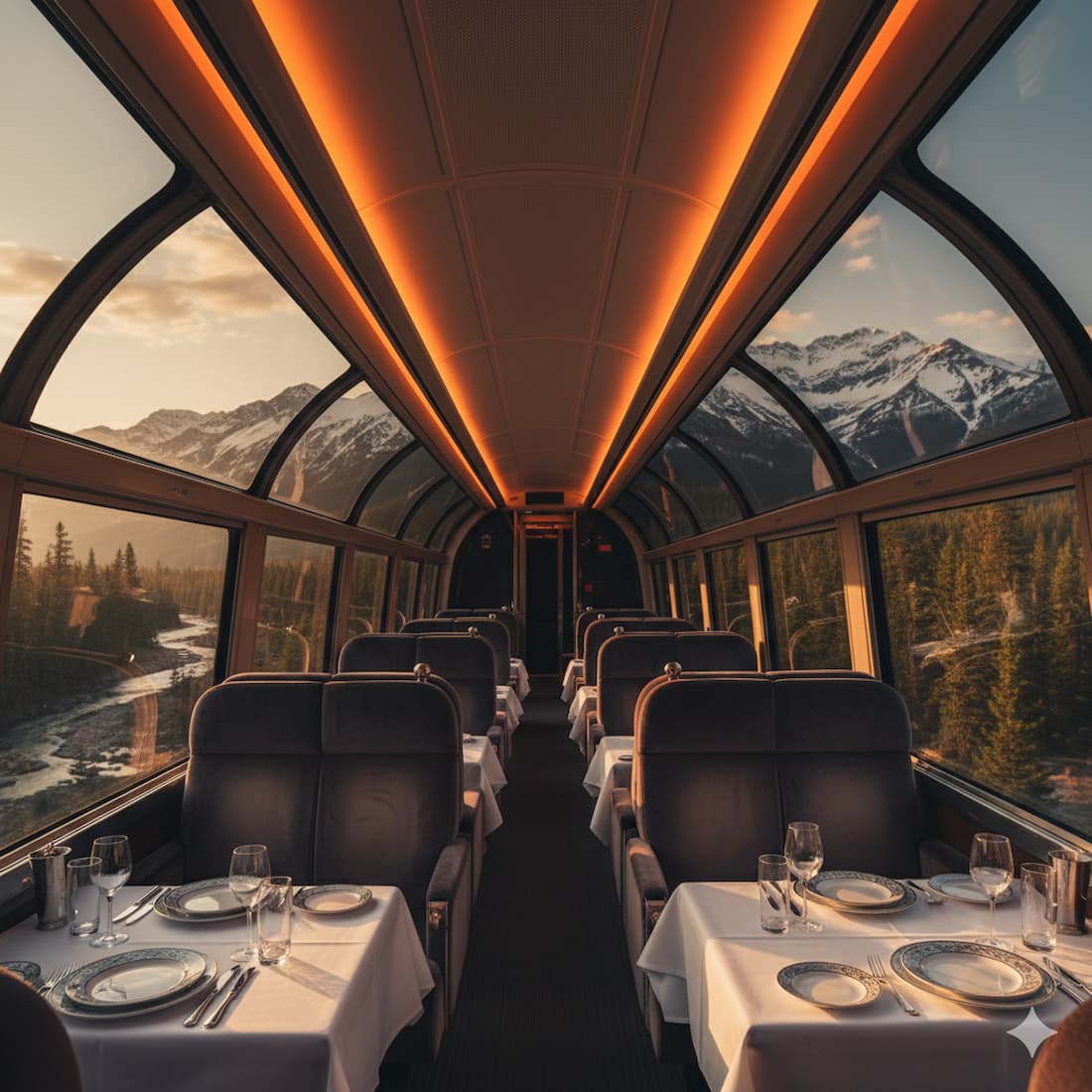Vagón GoldLeaf Rocky Mountaineer cúpula cristal panorámica Rocosas Interior del vagón GoldLeaf del Rocky Mountaineer con cúpula de cristal y vistas panorámicas a las Montañas Rocosas