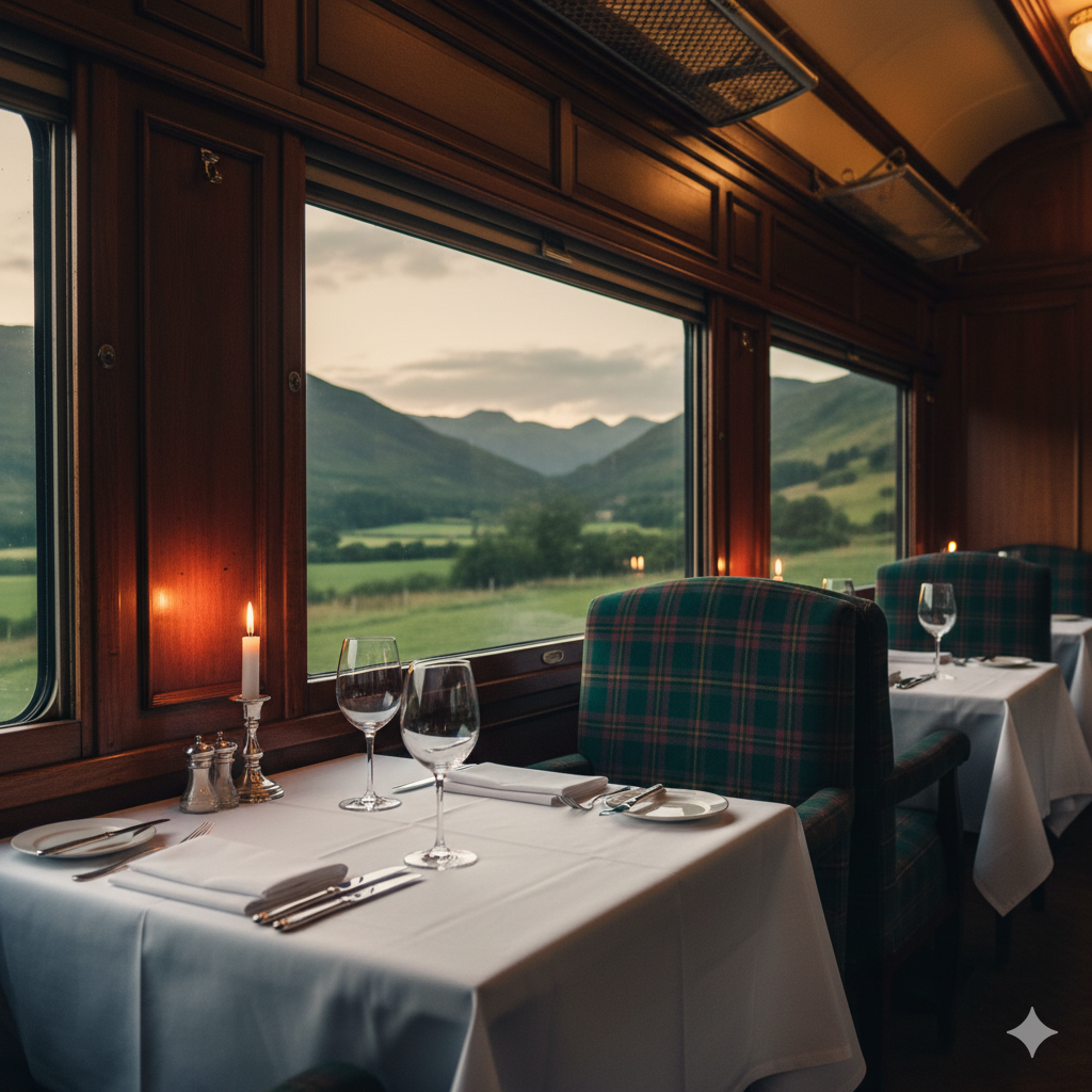 Vagón restaurante Belmond Royal Scotsman interior elegante tartán escocés Interior del vagón restaurante del Belmond Royal Scotsman con decoración en tartán escocés maderas nobles y mesas elegantes