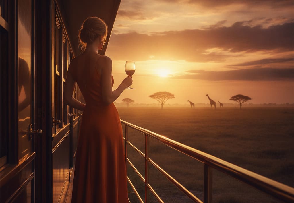 Mujer elegante con copa de vino contemplando atardecer en sabana africana con jirafas al fondo en Sudáfrica