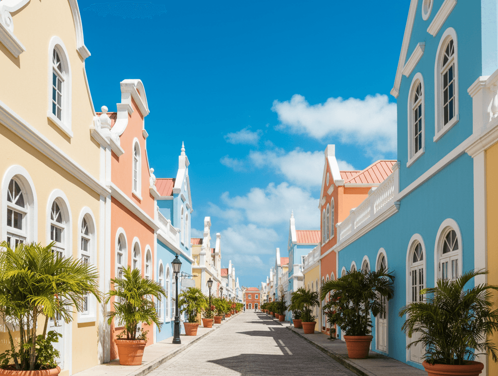 Fachadas de arquitectura colonial neerlandesa en colores pastel en Oranjestad Aruba