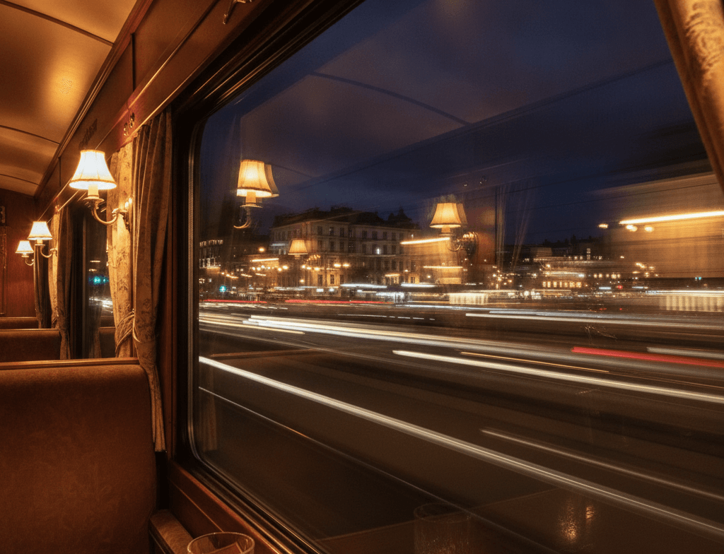 Paisaje nocturno europeo visto desde la ventana de un tren nocturno de lujo con luces de ciudad