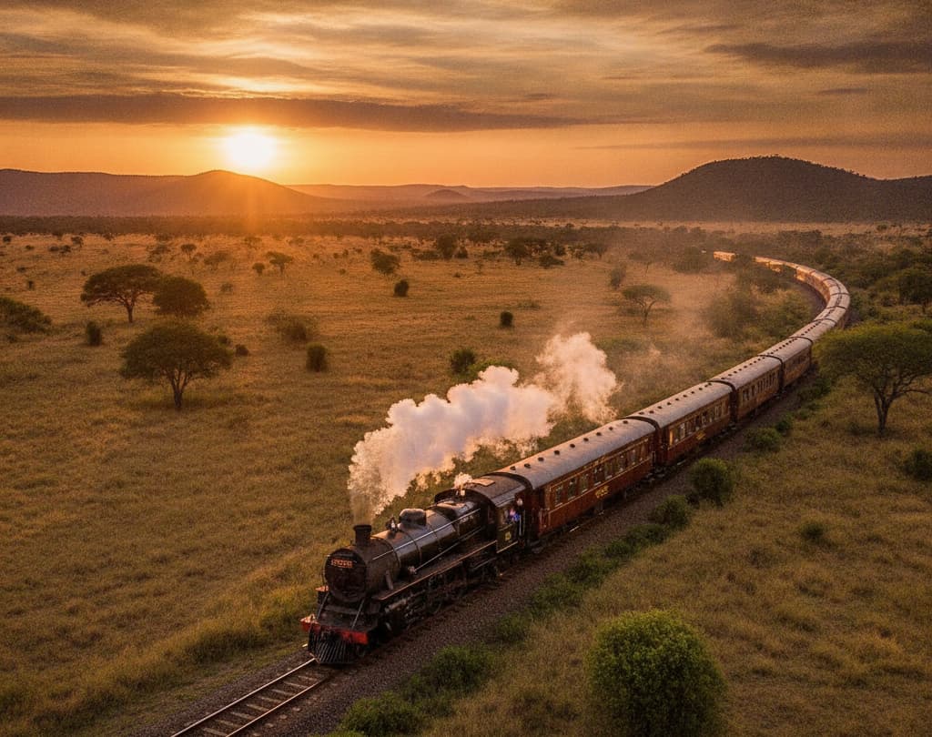Vagón exterior de caoba del Pride of Africa de Rovos Rail atravesando la sabana sudafricana al atardecer