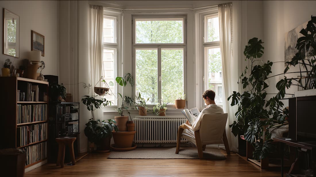 Persona leyendo en sillón junto a ventana con luz natural plantas y librería en apartamento europeo turismo lento