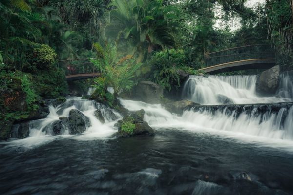 Cascada de aguas blancas con puentes de madera rodeada de selva tropical en Costa Rica ecoturismo de lujo naturaleza
