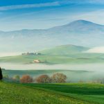 Colinas verdes del Val d'Orcia envueltas en niebla al amanecer, Toscana, Italia