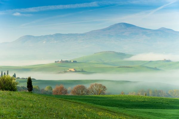 Colinas verdes del Val d'Orcia envueltas en niebla al amanecer, Toscana, Italia